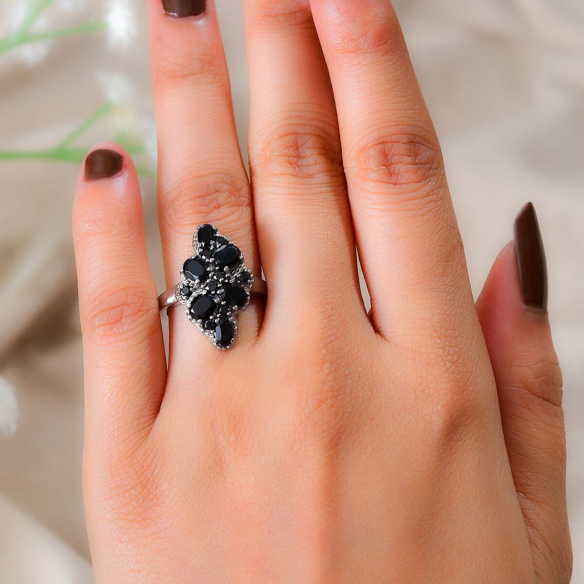 Thai Black Spinel and Simulated Red Diamond 2.80 ctw Ring in Stainless Steel (Size 10.0) image number 2