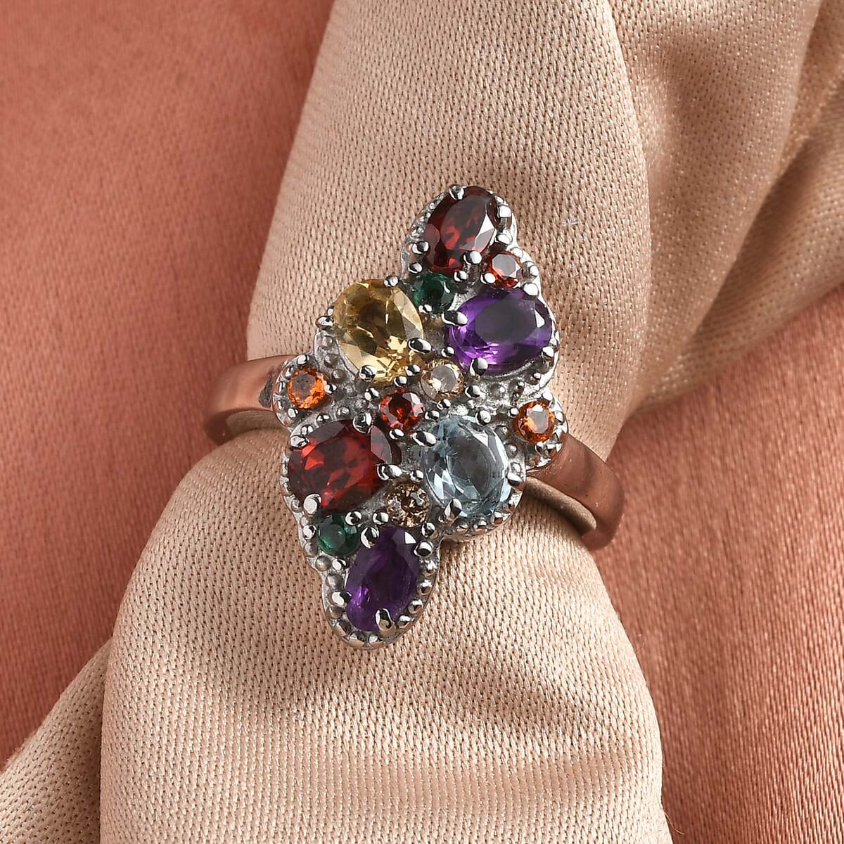 Multi Gemstone 2.85 ctw Ring in Stainless Steel (Size 8.0) image number 1