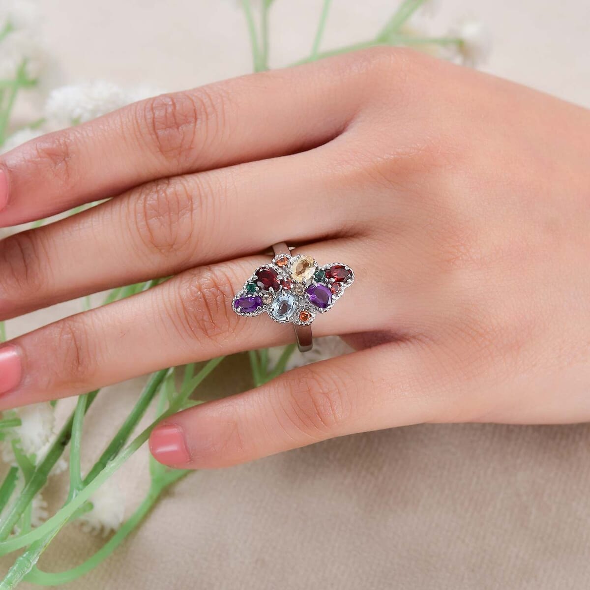 Multi Gemstone 2.85 ctw Ring in Stainless Steel (Size 8.0) image number 2