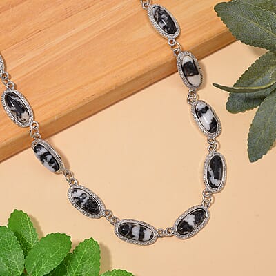 Grey Zebra Jasper 170.00 ctw Necklace 18-20 Inches in Silvertone