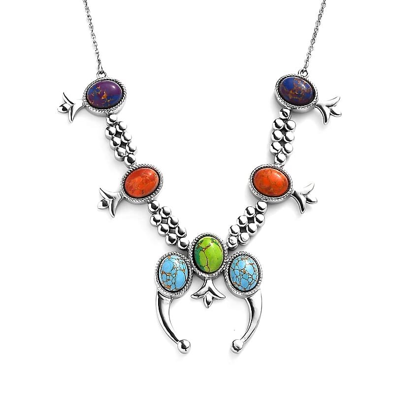 Mojave Multi Color Turquoise 18.65 ctw Squash Blossom Necklace 18 Inches in Stainless Steel