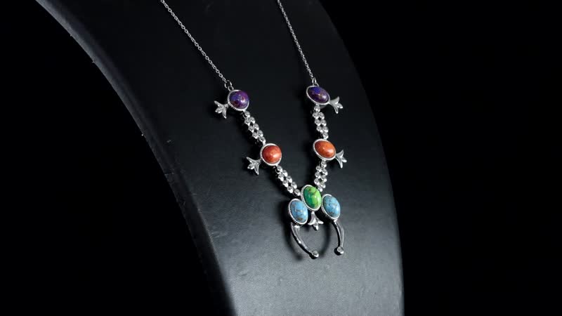 Mojave Multi Color Turquoise Squash Blossom Necklace (18 Inches) in Stainless Steel 18.65 ctw