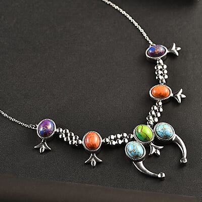 Mojave Multi Color Turquoise 18.65 ctw Squash Blossom Necklace 18 Inches in Stainless Steel