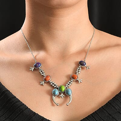 Mojave Multi Color Turquoise 18.65 ctw Squash Blossom Necklace 18 Inches in Stainless Steel