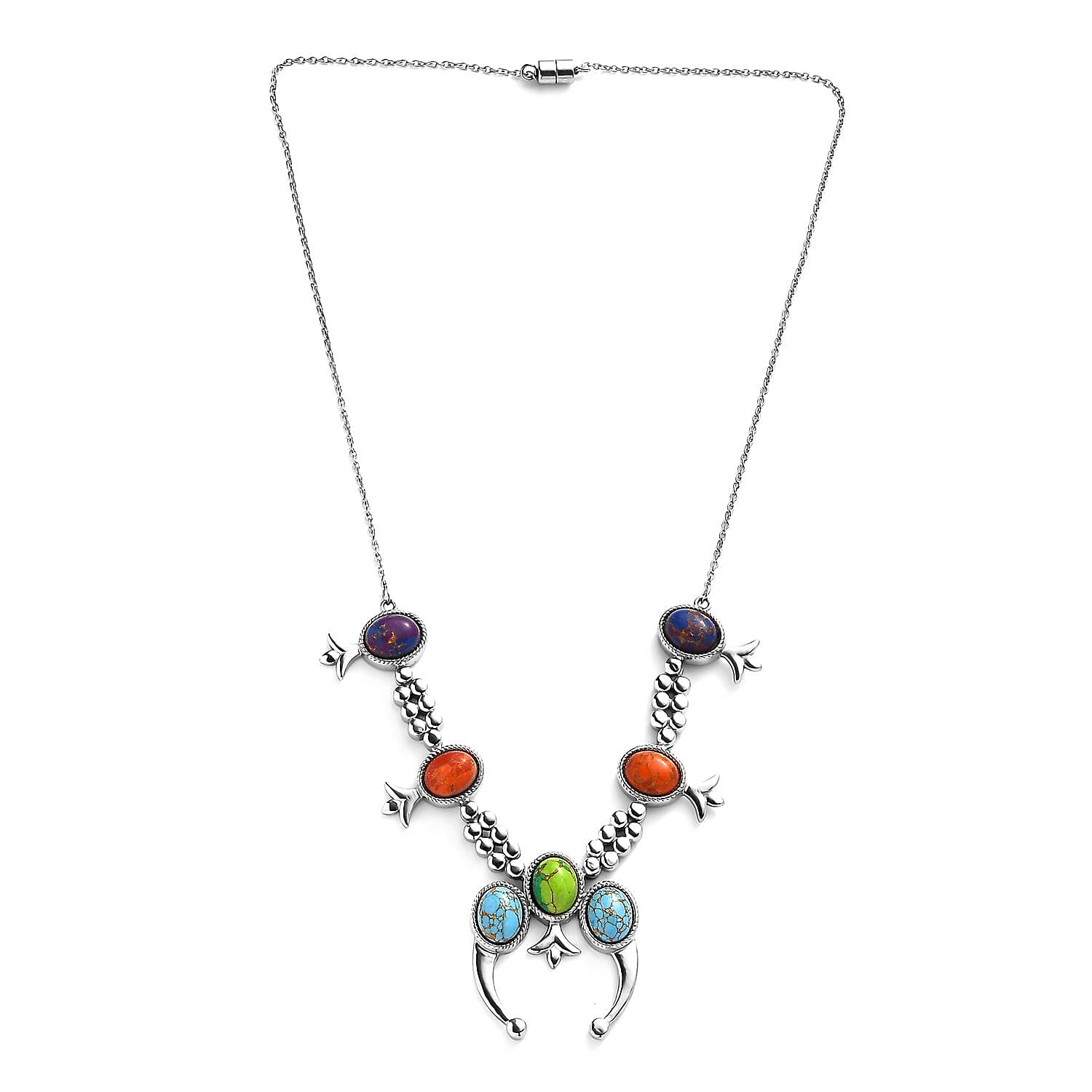 Mojave Multi Color Turquoise 18.65 ctw Squash Blossom Necklace 18 Inches in Stainless Steel
