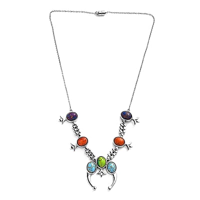 Mojave Multi Color Turquoise 18.65 ctw Squash Blossom Necklace 18 Inches in Stainless Steel