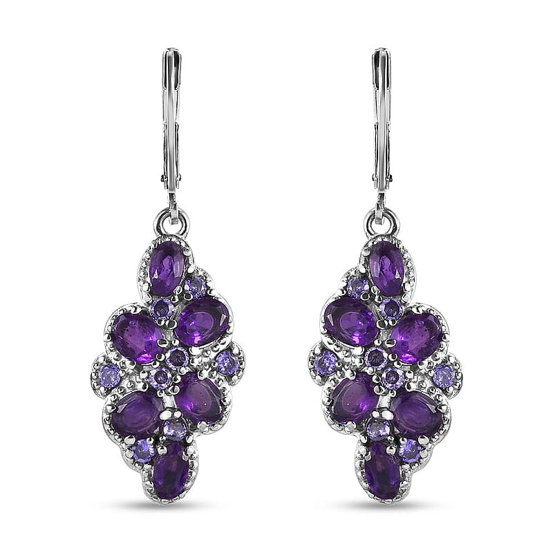 African Amethyst and Simulated Purple Diamond 4.20 ctw Earrings in Stainless Steel