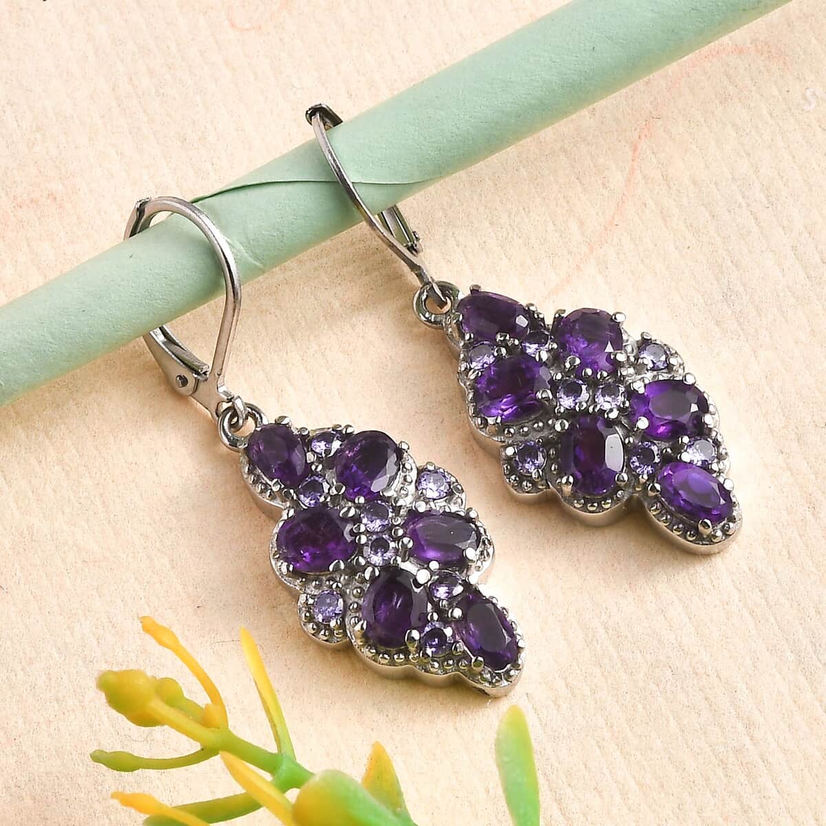 African Amethyst and Simulated Purple Diamond 4.20 ctw Earrings in Stainless Steel image number 1