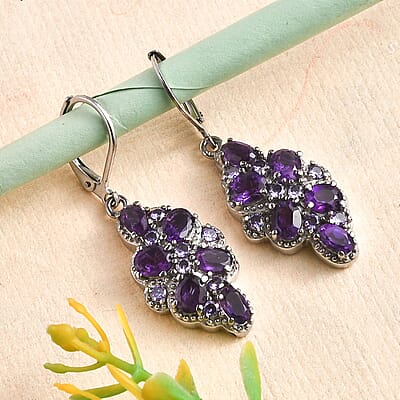 African Amethyst and Simulated Purple Diamond 4.20 ctw Earrings in Stainless Steel