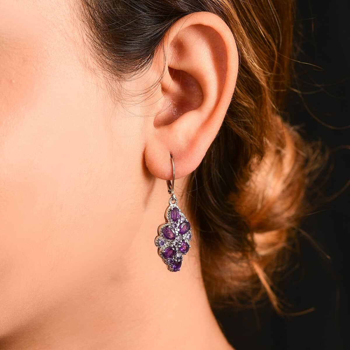 African Amethyst and Simulated Purple Diamond 4.20 ctw Earrings in Stainless Steel image number 2