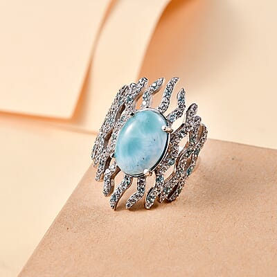Natural Green Larimar and Multi Gemstone 9.35 ctw Ocean Embrace Ring in Rhodium Over Sterling Silver (Size 10.0)