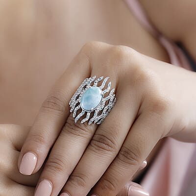 Natural Green Larimar and Multi Gemstone 9.35 ctw Ocean Embrace Ring in Rhodium Over Sterling Silver (Size 10.0)