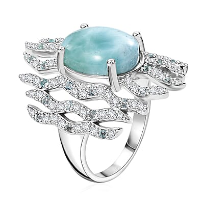 Natural Green Larimar and Multi Gemstone 9.35 ctw Ocean Embrace Ring in Rhodium Over Sterling Silver (Size 10.0)