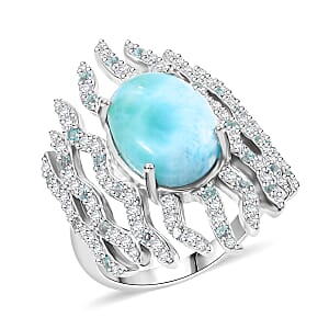 D'Joy Natural Green Larimar and Multi Gemstone 9.35 ctw Ocean Embrace Ring in Rhodium Over Sterling Silver (Size 7.0)