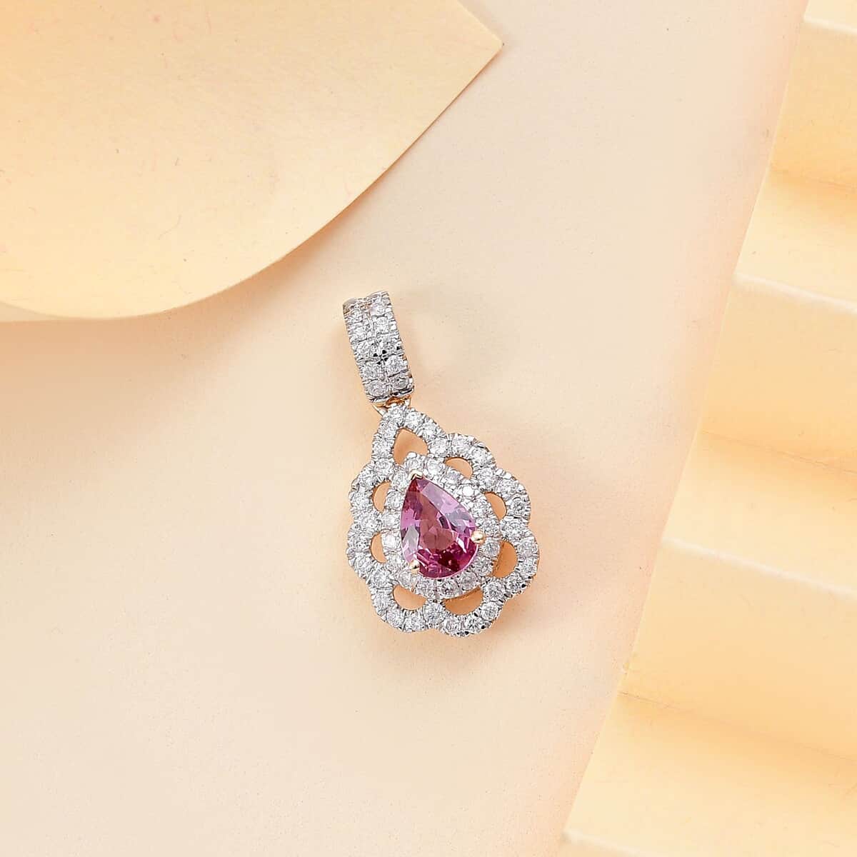 Certified & Appraised Luxoro AAA Padparadscha Sapphire and G-H I2 Diamond 1.40 ctw Pendant in 14K Yellow Gold image number 1