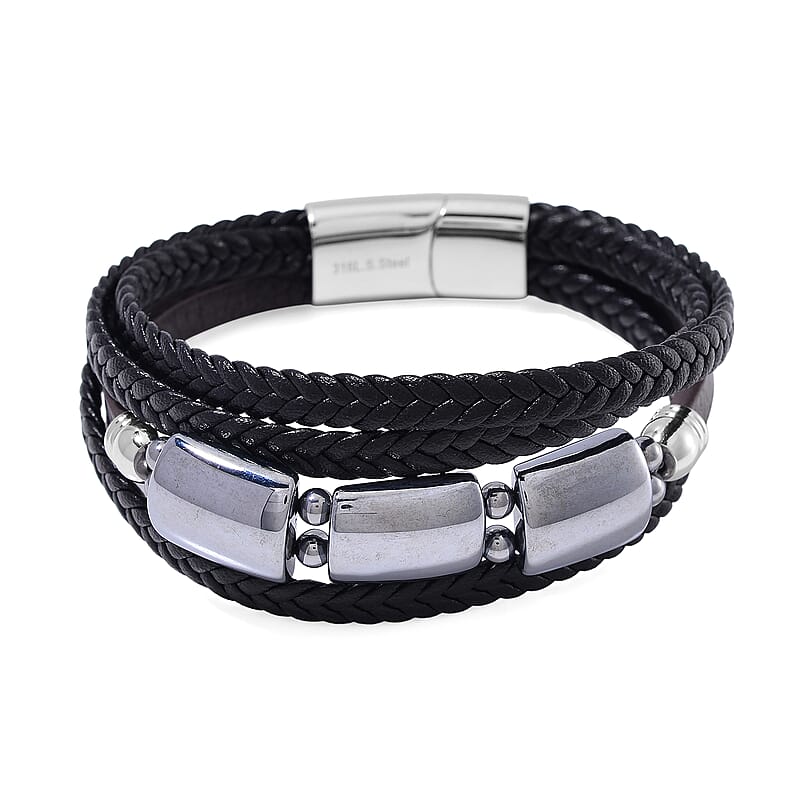 Terahertz Bracelet in Leather Code and Stainless Steel (8.50 In) 60.00 ctw