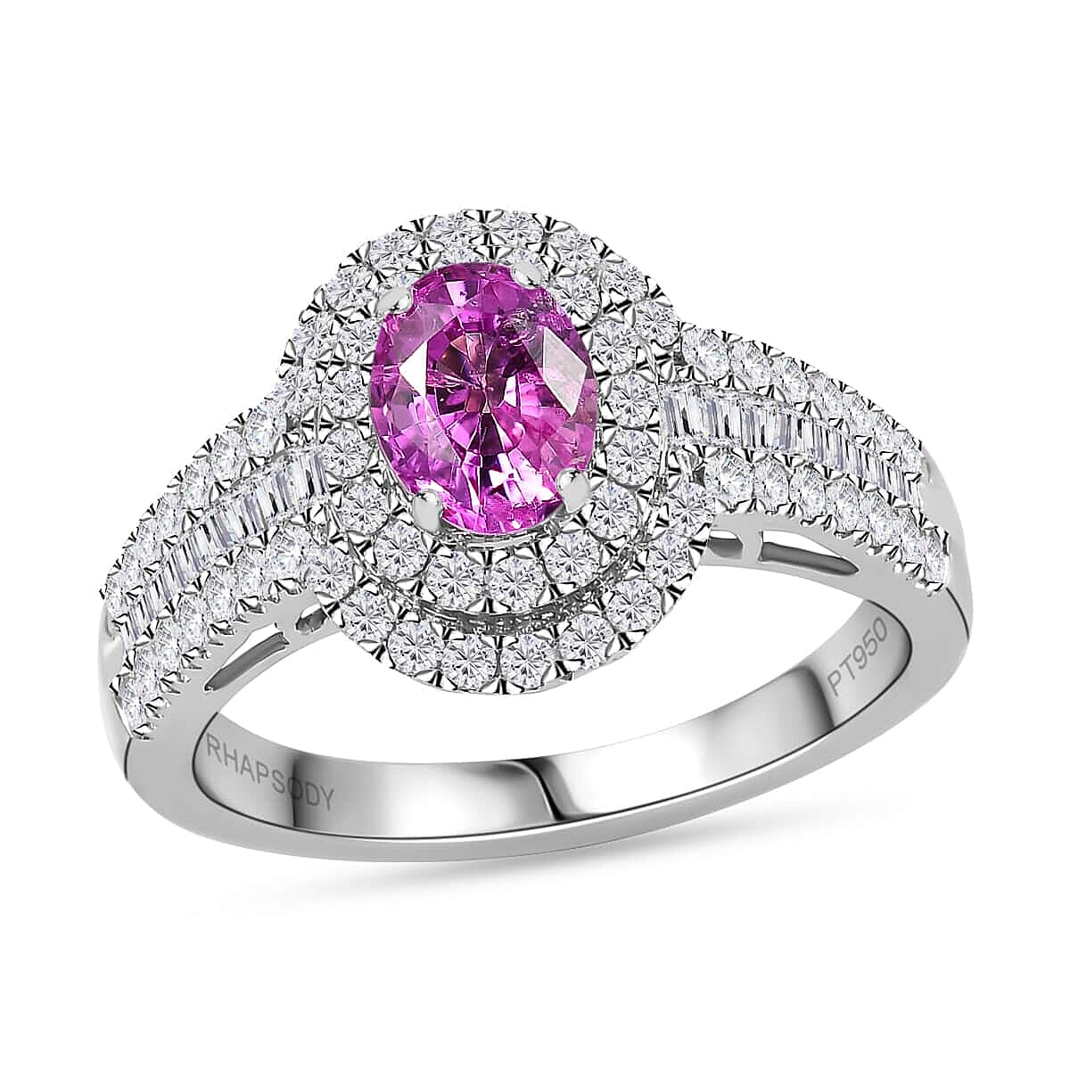 Certified & Appraised Rhapsody 950 Platinum AAAA Padparadscha Sapphire, Diamond (E-F, VS2) (01.78 cts) Ring (Size 5.0) (6.55 g) 1.75 ctw image number 0