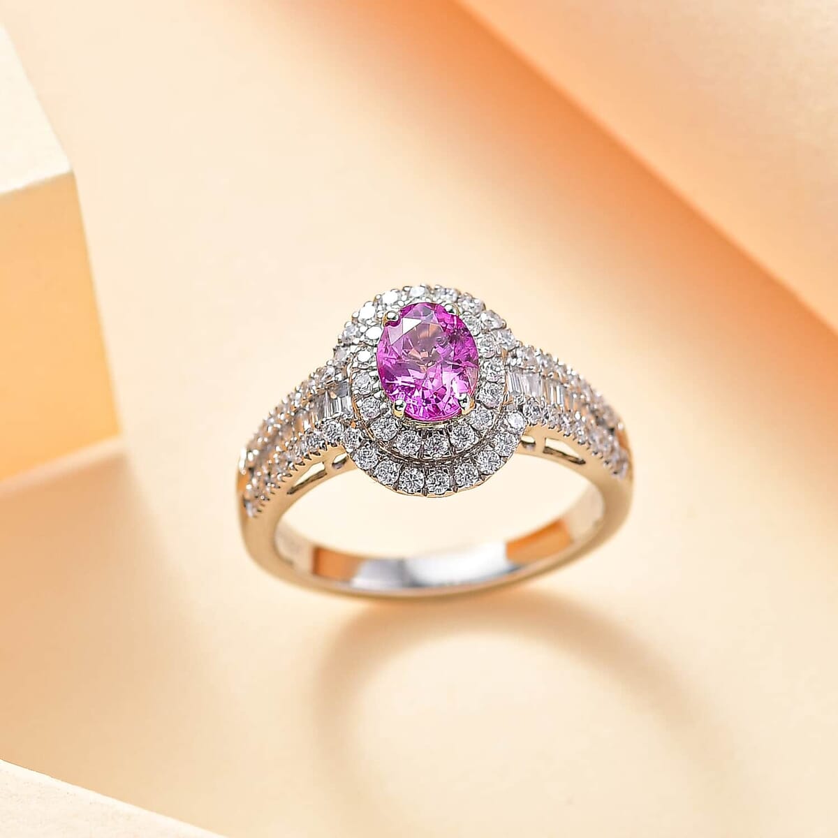 Certified & Appraised Rhapsody AAAA Padparadscha Sapphire and E-F VS2 Diamond 1.75 ctw Ring in 950 Platinum (Size 6.0) 6.55 Grams image number 1