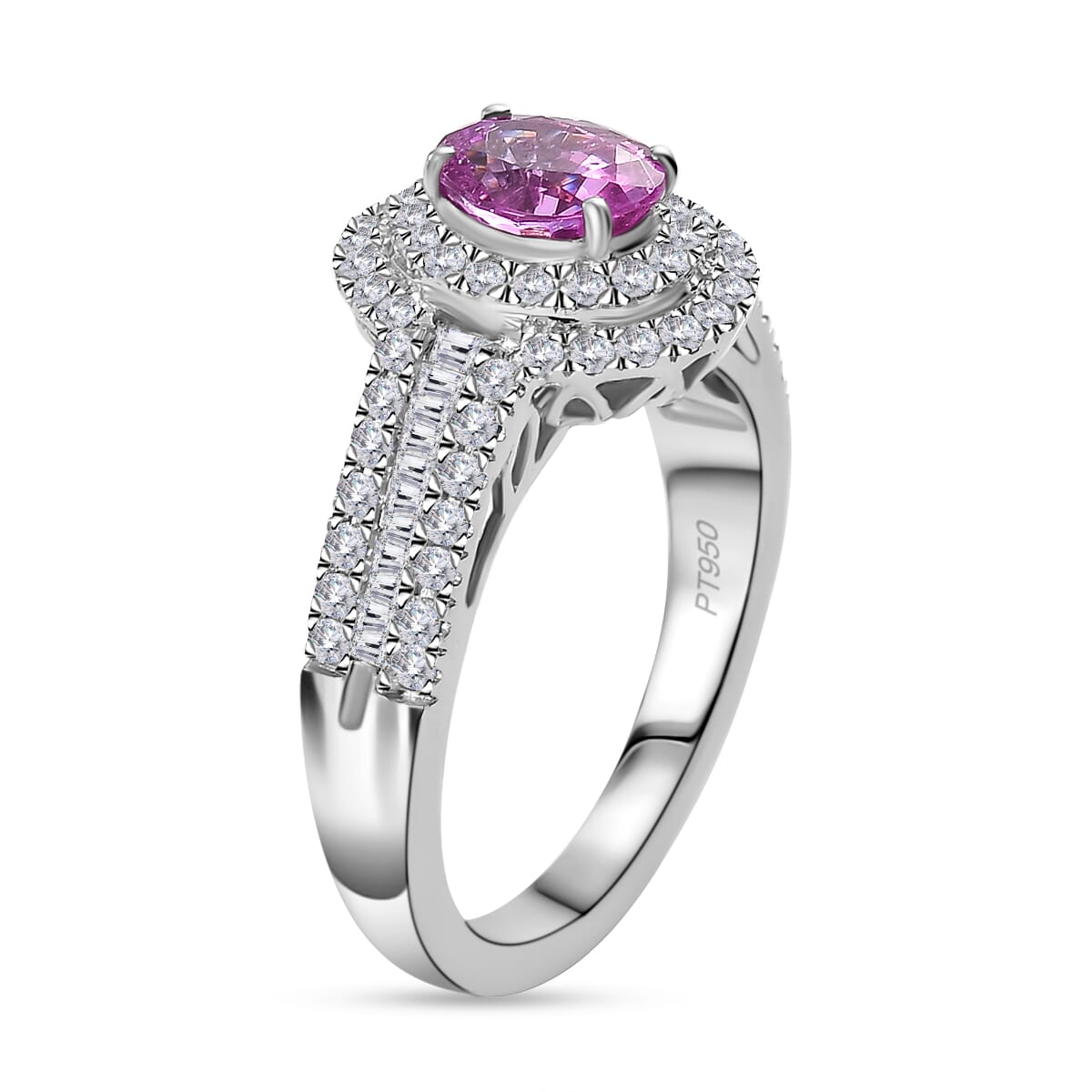 Certified & Appraised Rhapsody AAAA Padparadscha Sapphire and E-F VS2 Diamond 1.75 ctw Ring in 950 Platinum (Size 8.0) 6.55 Grams image number 3