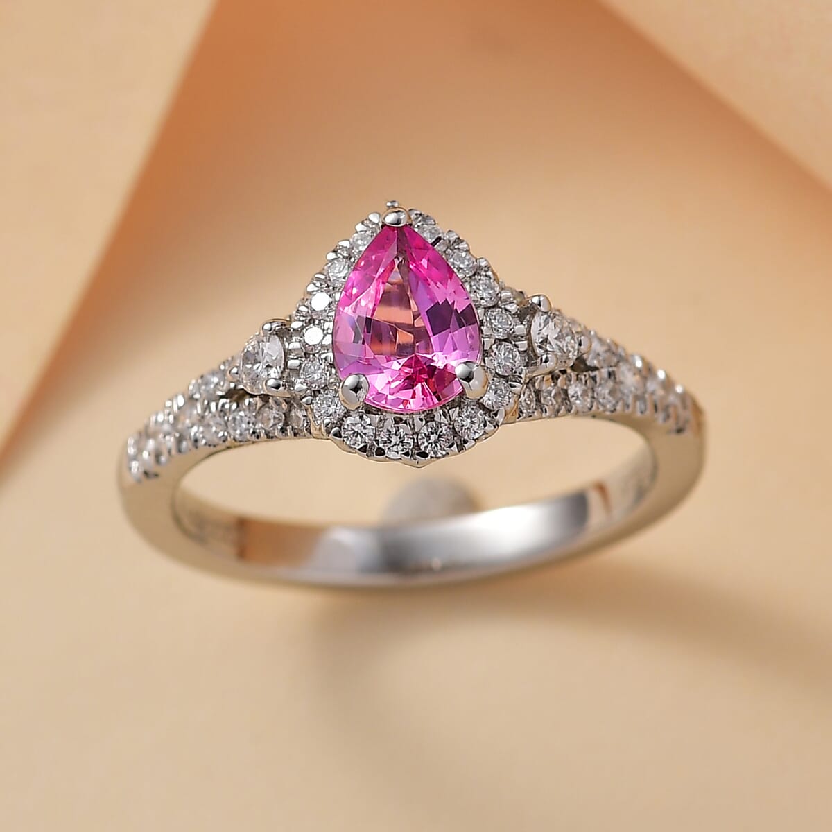 Certified & Appraised Rhapsody AAAA Padparadscha Sapphire and E-F VS2 Diamond 1.11 ctw Ring in 950 Platinum (Size 7.0) 4.75 Grams image number 1