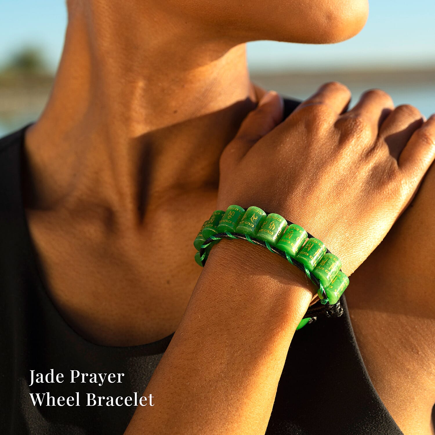 Green Jade (D) 215.00 ctw Prayer Wheel Cord Bracelet (6.0-9.0In)