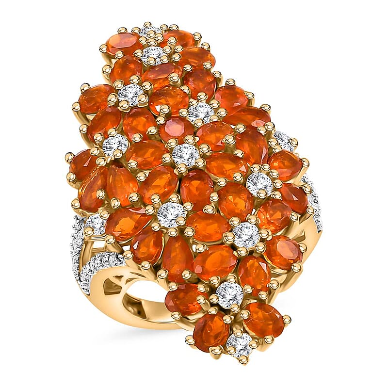 D'Joy AAA Buriti Fire Opal and Moissanite 5.20 ctw Bunch of Flower Ring in 18K Vermeil Yellow Gold Over Sterling Silver (Size 6.0)