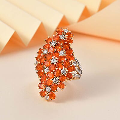 D'Joy AAA Buriti Fire Opal and Moissanite 5.20 ctw Bunch of Flower Ring in 18K Vermeil Yellow Gold Over Sterling Silver (Size 6.0)