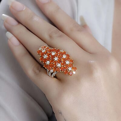 D'Joy AAA Buriti Fire Opal and Moissanite 5.20 ctw Bunch of Flower Ring in 18K Vermeil Yellow Gold Over Sterling Silver (Size 6.0)