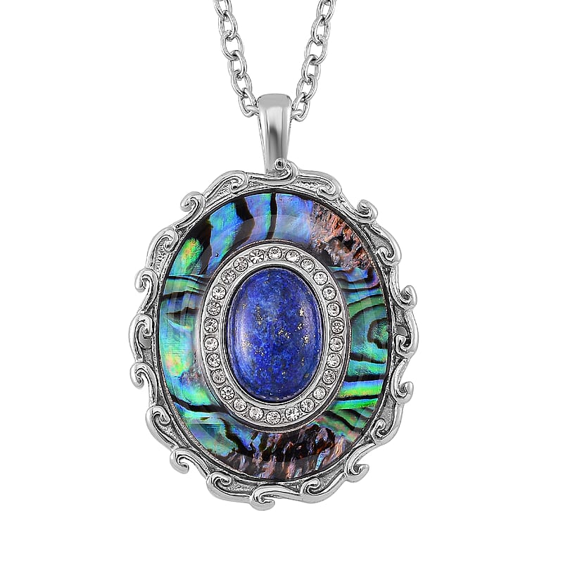 Abalone Shell and Lapis Lazuli 3.00 ctw and Crystal Necklace in Stainless Steel 20-22 Inches