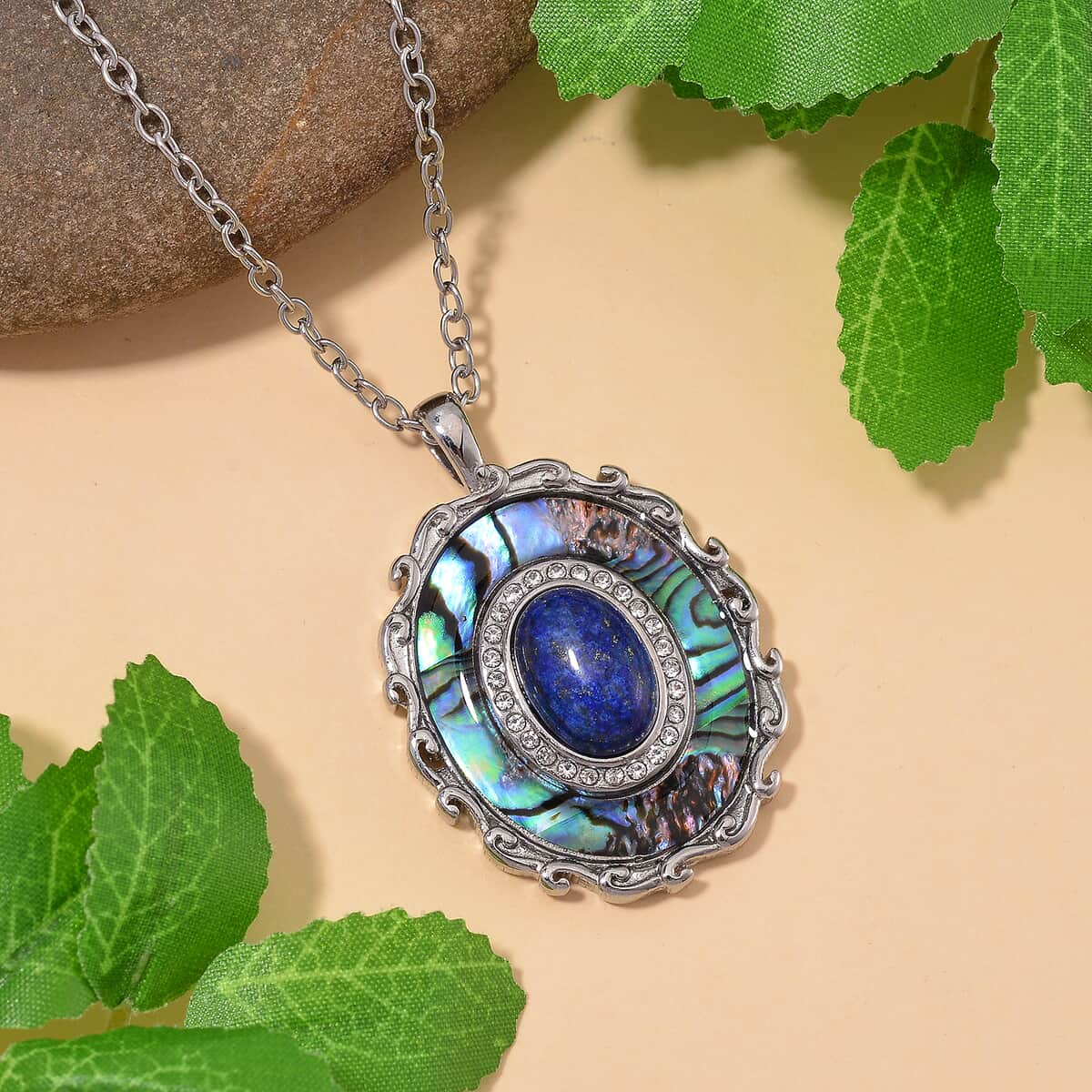 Abalone Shell and Lapis Lazuli 3.00 ctw and Crystal Necklace in Stainless Steel 20-22 Inches image number 1