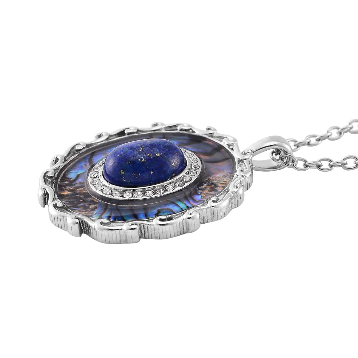 Abalone Shell and Lapis Lazuli 3.00 ctw and Crystal Necklace in Stainless Steel 20-22 Inches image number 3