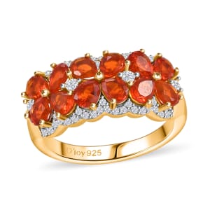 AAA Buriti Fire Opal and Moissanite 1.60 ctw Fiery Flora Ring in 18K Vermeil Yellow Gold Over Sterling Silver (Size 10.0)