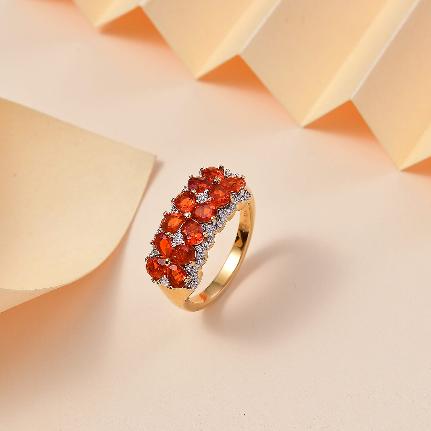 D'Joy AAA Buriti Fire Opal and Moissanite 1.60 ctw Fiery Flora Ring in 18K Vermeil Yellow Gold Over Sterling Silver (Size 10.0)