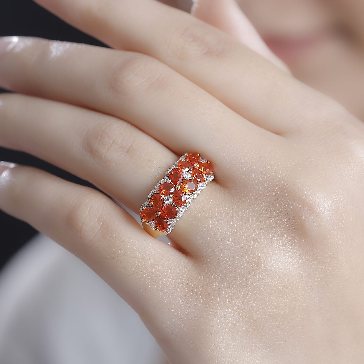 D'Joy AAA Buriti Fire Opal and Moissanite 1.60 ctw Fiery Flora Ring in 18K Vermeil Yellow Gold Over Sterling Silver (Size 10.0)