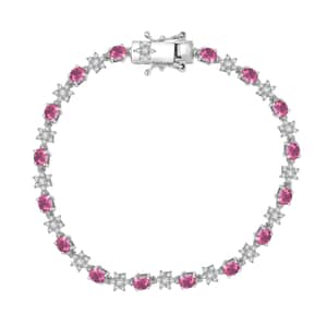 Premium Lab Created Bixbite and Moissanite 4.20 ctw Eternal Bloom Bracelet in Rhodium Over Sterling Silver (7.25 In)