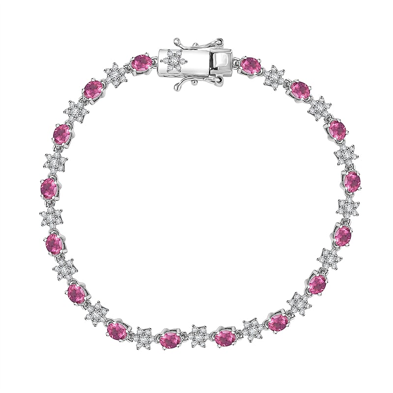 Luxuriant Premium Bixbite (LG) and Moissanite 4.20 ctw Eternal Bloom Bracelet in Rhodium Over Sterling Silver (7.25 In)