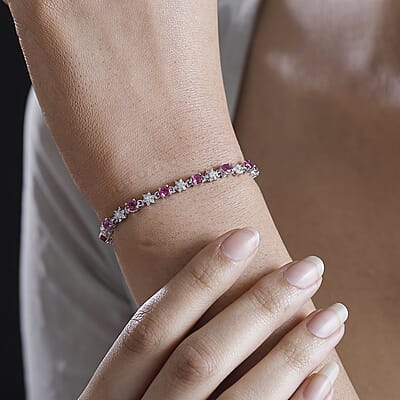 Luxuriant Premium Bixbite (LG) and Moissanite 4.20 ctw Eternal Bloom Bracelet in Rhodium Over Sterling Silver (7.25 In)