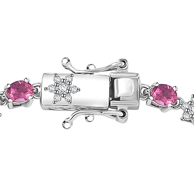 Luxuriant Premium Bixbite (LG) and Moissanite 4.20 ctw Eternal Bloom Bracelet in Rhodium Over Sterling Silver (7.25 In)