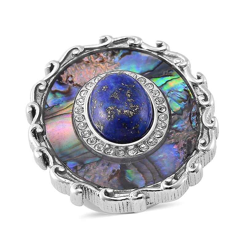 Abalone Shell, Lapis Lazuli 3.00 ctw and Crystal Ring in Stainless Steel (Size 10.0)