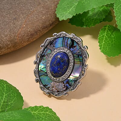 Abalone Shell, Lapis Lazuli 3.00 ctw and Crystal Ring in Stainless Steel (Size 10.0)