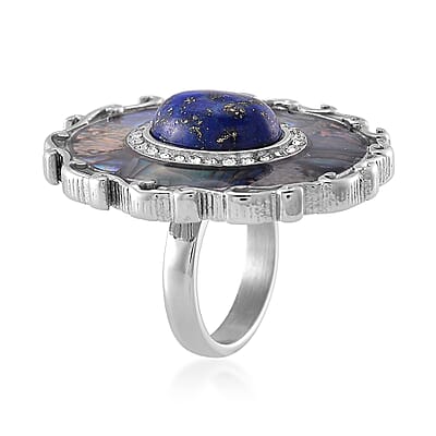 Abalone Shell, Lapis Lazuli 3.00 ctw and Crystal Ring in Stainless Steel (Size 10.0)