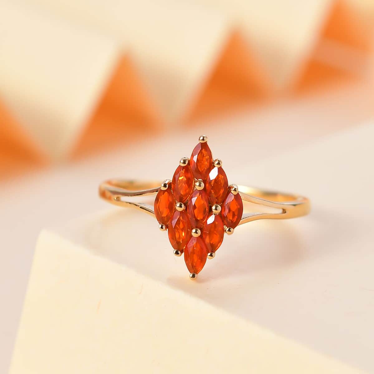 AAA Buriti Fire Opal 0.50 ctw Flame Cluster Ring in 18K Vermeil Yellow Gold Over Sterling Silver (Size 10.0) (Del. in 10-12 Days) image number 1