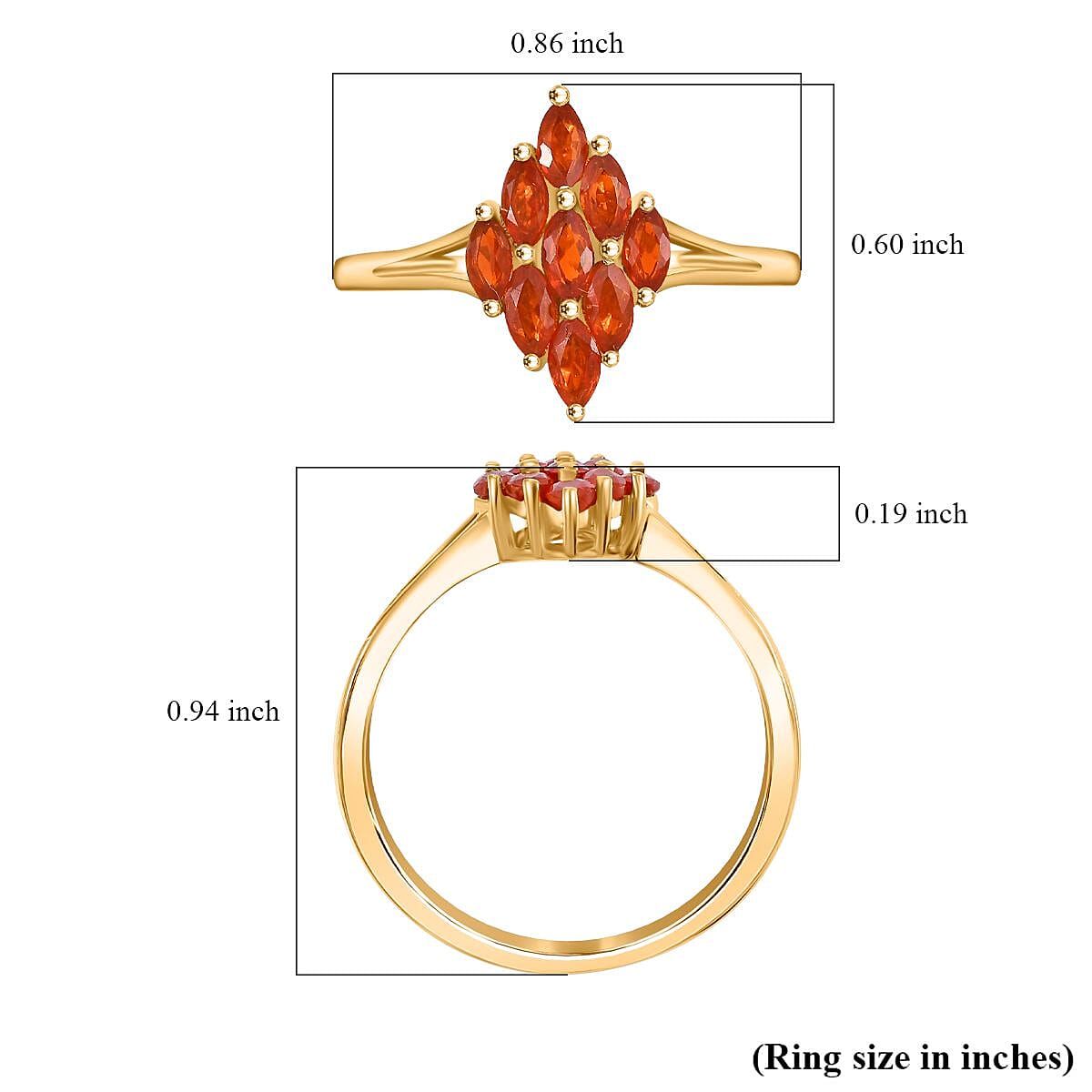 AAA Buriti Fire Opal 0.50 ctw Flame Cluster Ring in 18K Vermeil Yellow Gold Over Sterling Silver (Size 10.0) (Del. in 10-12 Days)