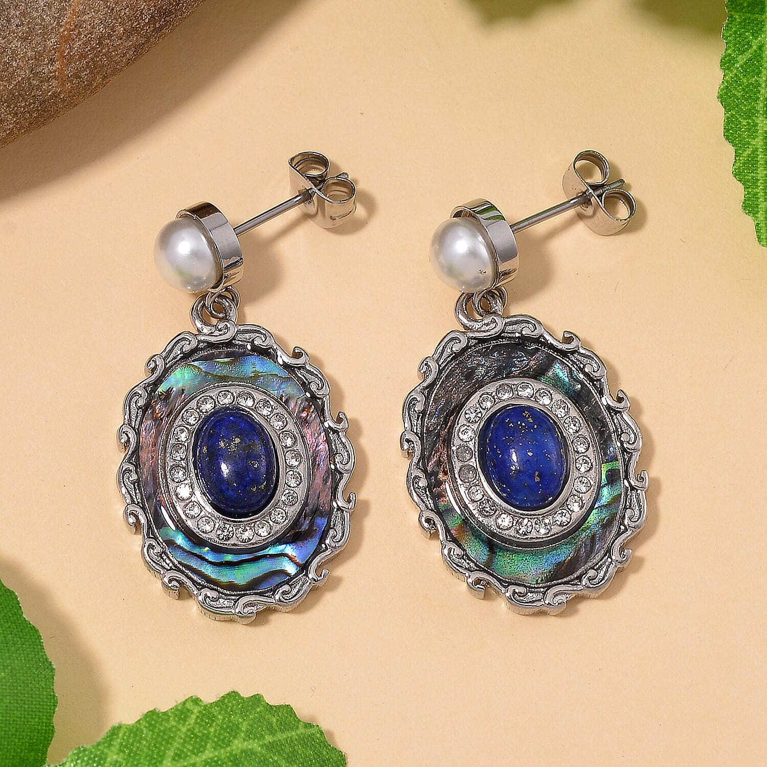 Abalone Shell, Lapis Lazuli 1.40 ctw and Muti Gemstone Earrings in Stainless Steel