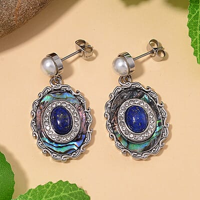 Abalone Shell, Lapis Lazuli 1.40 ctw and Muti Gemstone Earrings in Stainless Steel