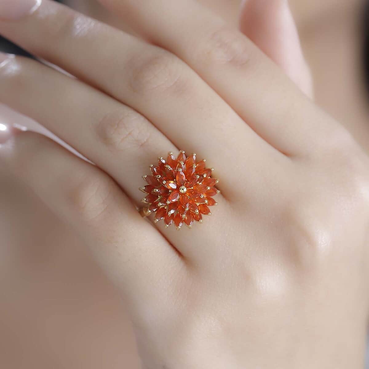 AAA Buriti Fire Opal 2.20 ctw Dahlia Flower Ring in 18K Vermeil Yellow Gold Over Sterling Silver (Size 10.0) (Del. In 10-12 Days) image number 2