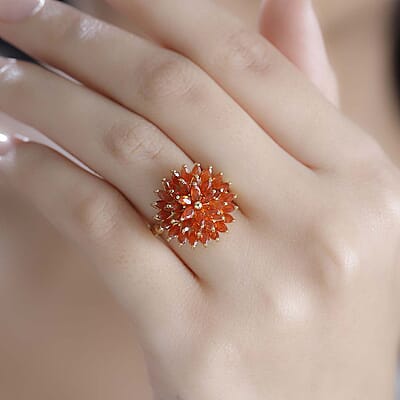 D'Joy AAA Buriti Fire Opal 2.20 ctw Dahlia Flower Ring in 18K Vermeil Yellow Gold Over Sterling Silver (Size 10.0) (Del. In 10-12 Days)