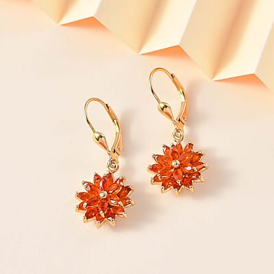 D'Joy AAA Buriti Fire Opal 1.85 ctw Dahlia Flower Earrings in 18K Vermeil Yellow Gold Over Sterling Silver