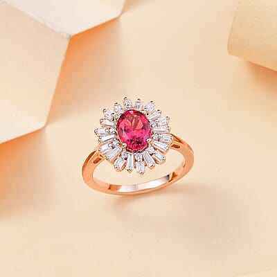 Luxuriant Premium Bixbite (LG) and Moissanite 1.90 ctw Scarlet Starburst Ring in 18K Vermeil Rose Gold Over Sterling Silver (Size 10.0)