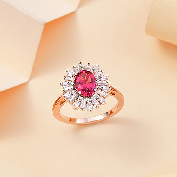 Luxuriant Premium Bixbite (LG) and Moissanite 1.90 ctw Scarlet Starburst Ring in 18K Vermeil Rose Gold Over Sterling Silver (Size 10.0)